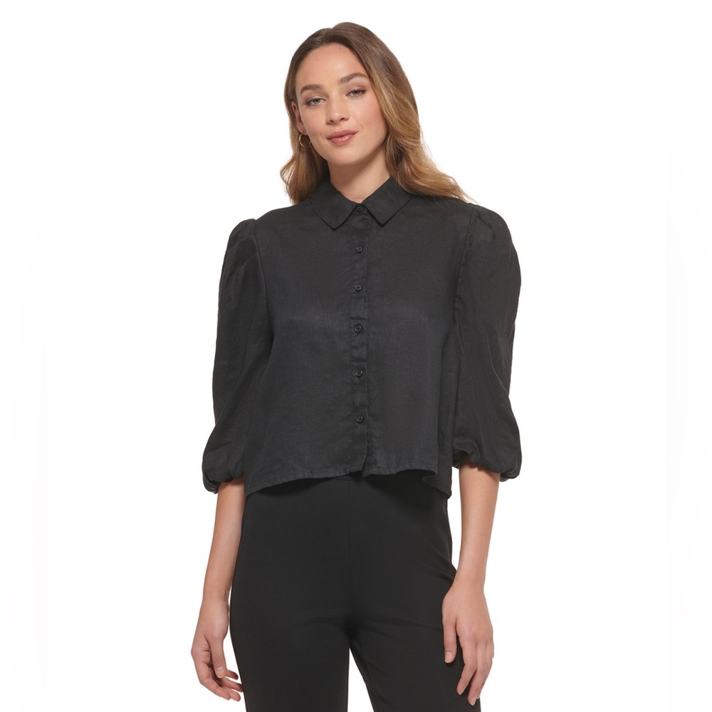 DKNY | Cotton Collared Button-Up 3/4-Sleeve Top | Black | SZ XL | NWT